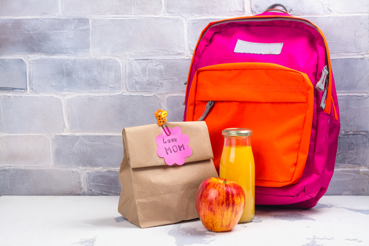 School lunch box and pink backpack