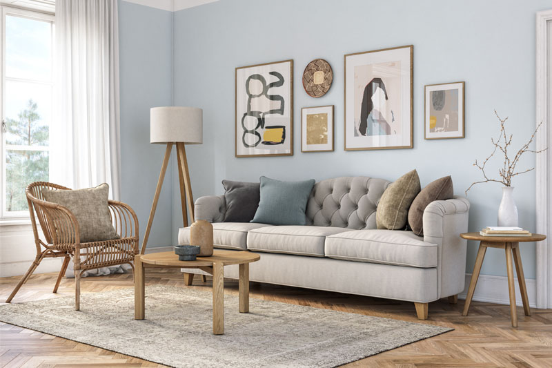 Bohemian living room interior – 3d render home furniture