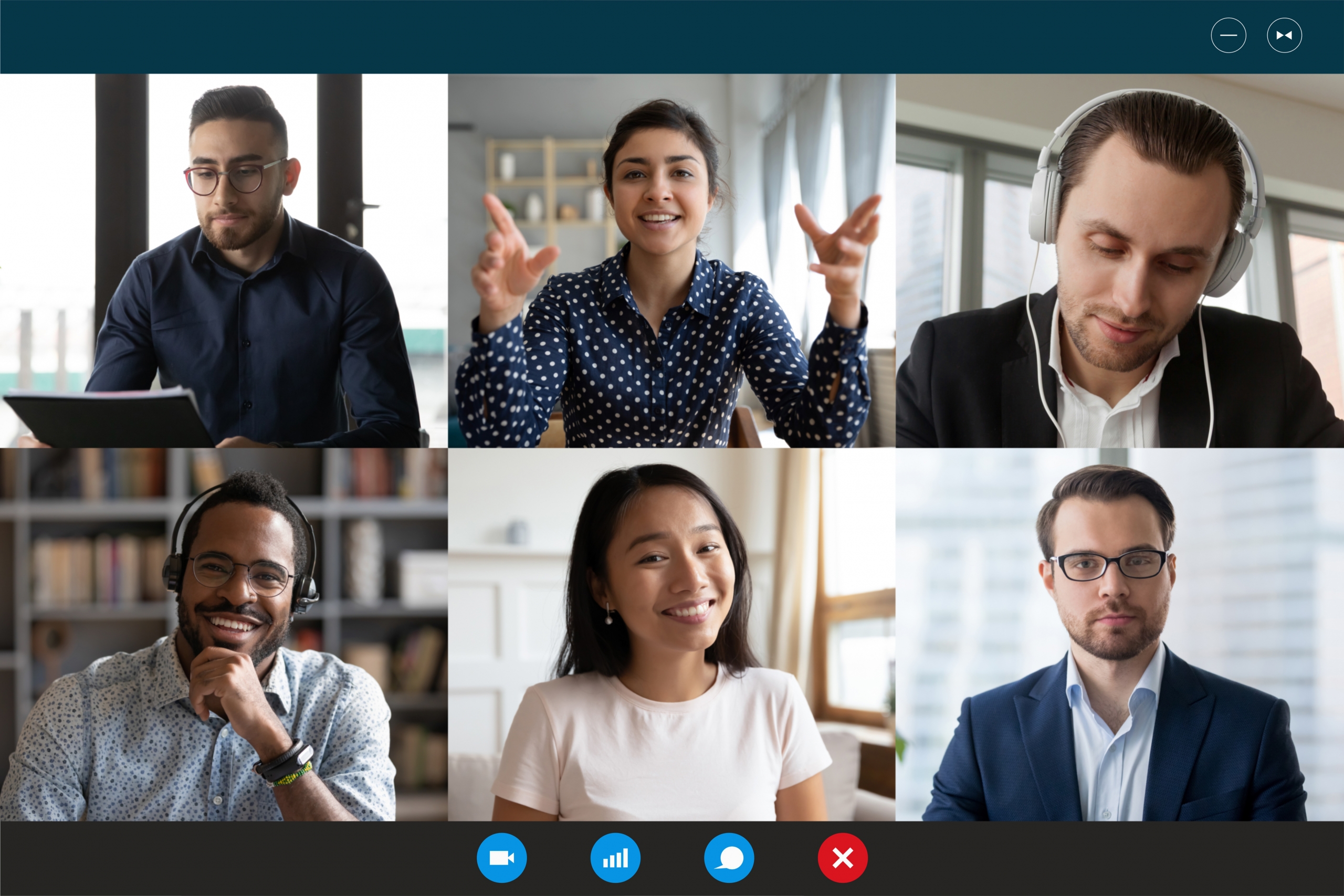 Laptop screen view six multiethnic people involved in group videocall Introducing Zoom participants